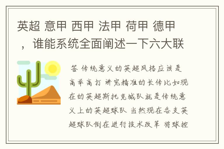 英超 意甲 西甲 法甲 荷甲 德甲 ,谁能系统全面阐述一下六大联赛风格的优缺点 ,