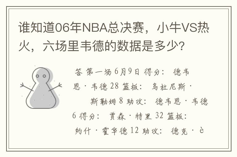 谁知道06年NBA总决赛,小牛VS热火,六场里韦德的数据是多少?