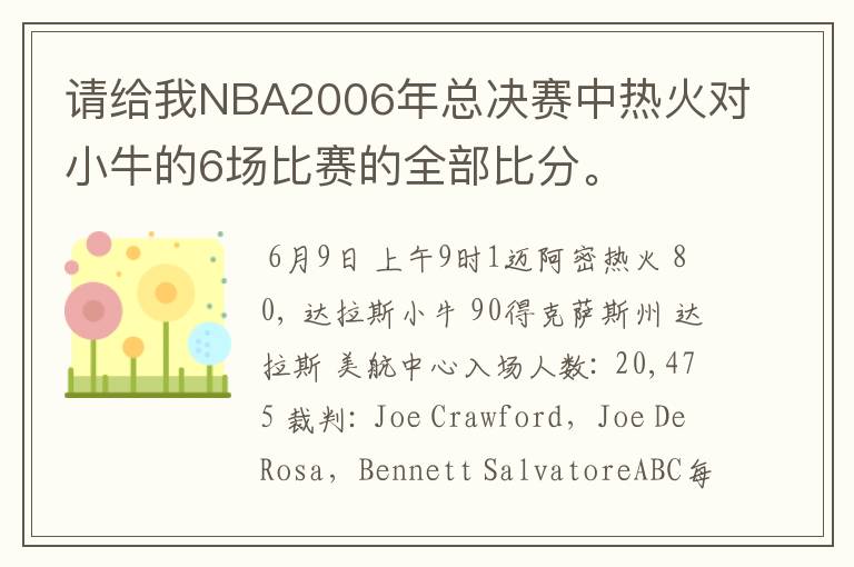请给我NBA2006年总决赛中热火对小牛的6场比赛的全部比分。