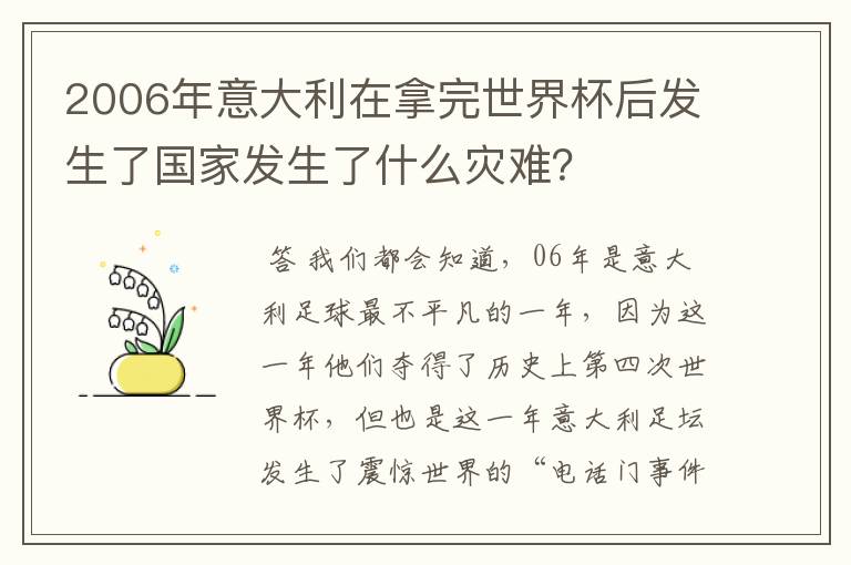 2006年意大利在拿完世界杯后发生了国家发生了什么灾难?