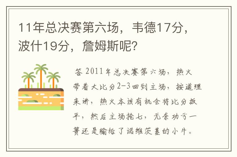 11年总决赛第六场,韦德17分,波什19分,詹姆斯呢?