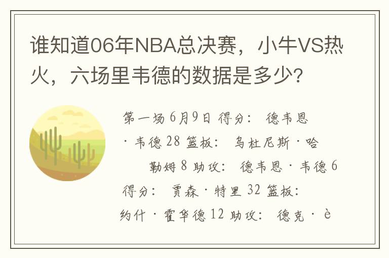 谁知道06年NBA总决赛,小牛VS热火,六场里韦德的数据是多少?