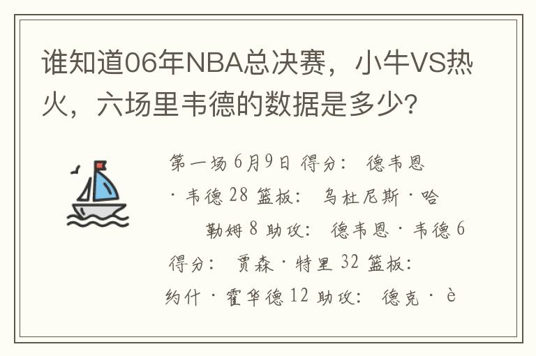 谁知道06年NBA总决赛,小牛VS热火,六场里韦德的数据是多少?