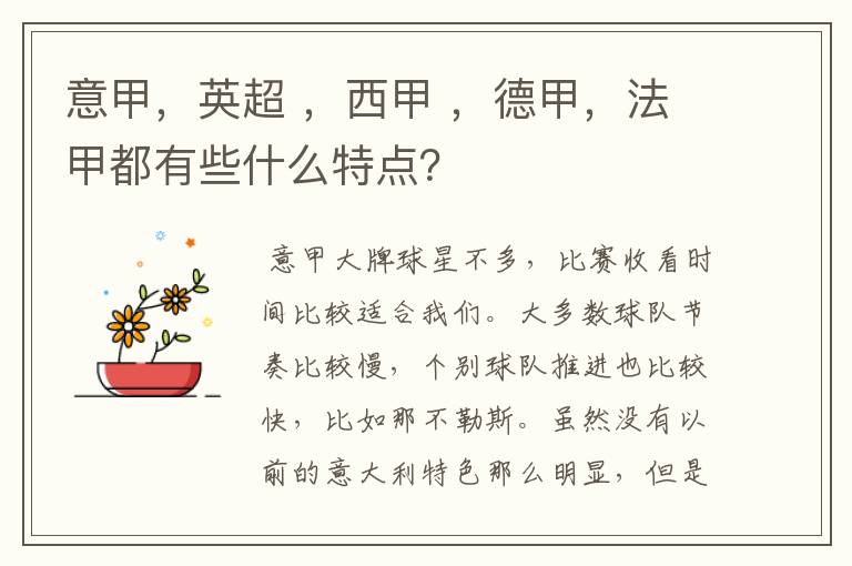 意甲,英超 ,西甲 ,德甲,法甲都有些什么特点?