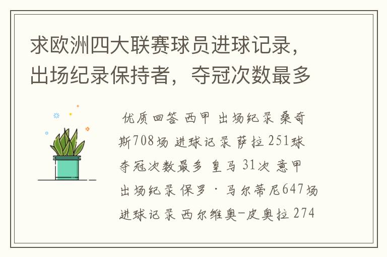 求欧洲四大联赛球员进球记录，出场纪录保持者，夺冠次数最多的球队。