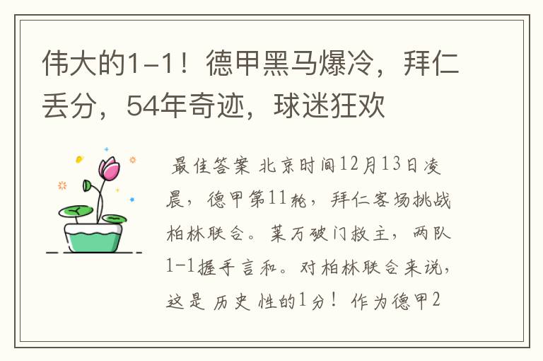 伟大的1-1!德甲黑马爆冷,拜仁丢分,54年奇迹,球迷狂欢