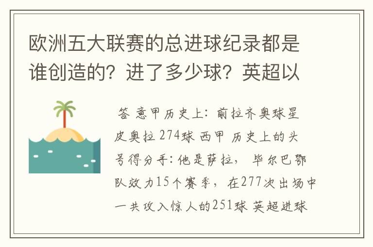 欧洲五大联赛的总进球纪录都是谁创造的?进了多少球?英超以前的英甲总进球纪录又是谁创造的?进了多少球