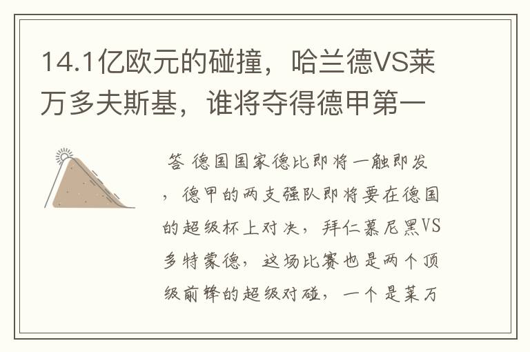 14.1亿欧元的碰撞,哈兰德VS莱万多夫斯基,谁将夺得德甲第一冠