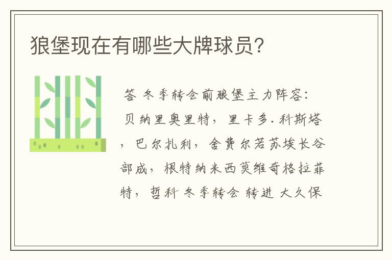 狼堡现在有哪些大牌球员?