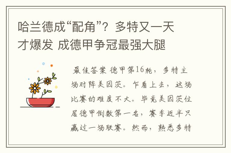哈兰德成“配角”?多特又一天才爆发 成德甲争冠最强大腿