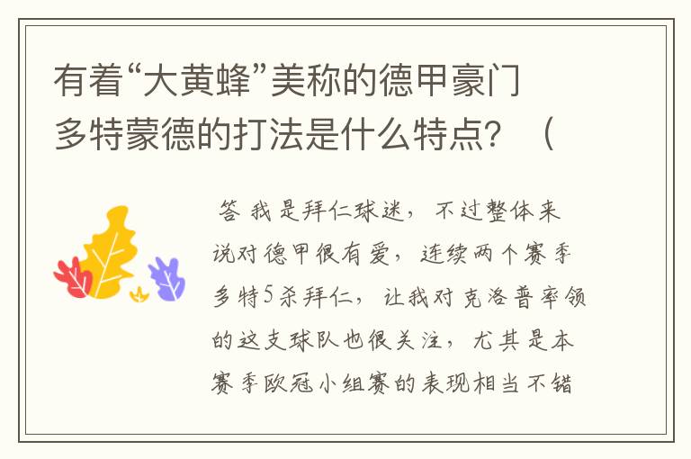 有着“大黄蜂”美称的德甲豪门多特蒙德的打法是什么特点?(请多特蒙德资深球迷回答)