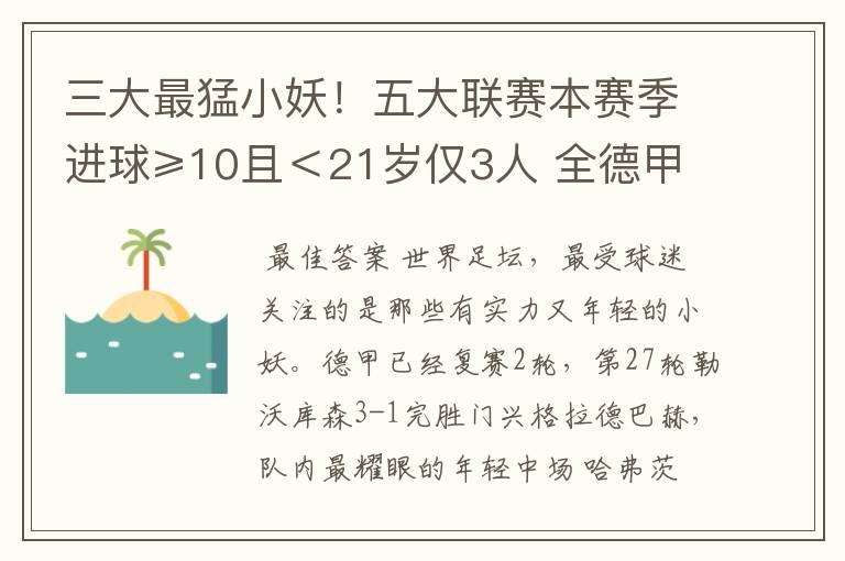 三大最猛小妖!五大联赛本赛季进球≥10且<21岁仅3人 全德甲制造