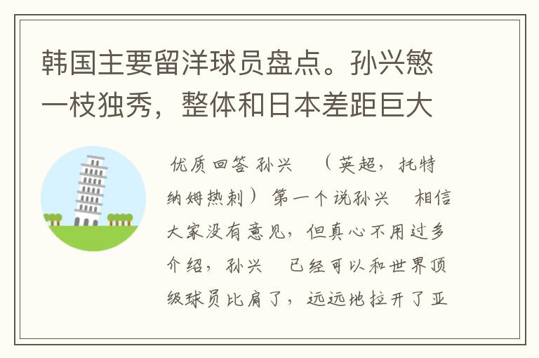 韩国主要留洋球员盘点。孙兴慜一枝独秀,整体和日本差距巨大