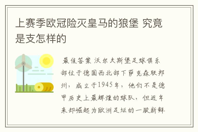 上赛季欧冠险灭皇马的狼堡 究竟是支怎样的