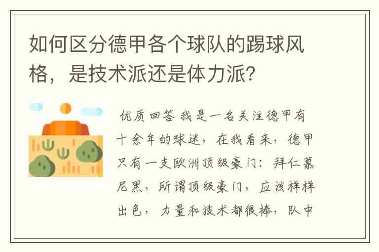 如何区分德甲各个球队的踢球风格,是技术派还是体力派?