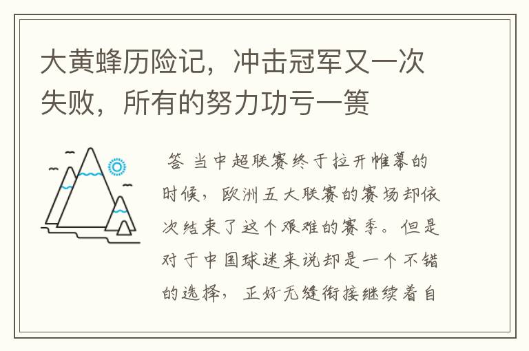 大黄蜂历险记,冲击冠军又一次失败,所有的努力功亏一篑