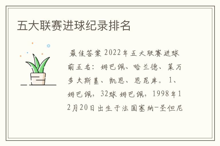 五大联赛进球纪录排名
