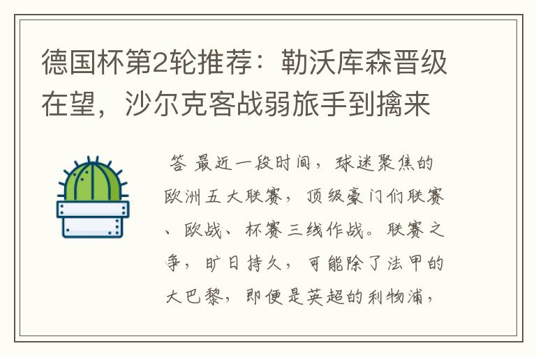 德国杯第2轮推荐:勒沃库森晋级在望,沙尔克客战弱旅手到擒来
