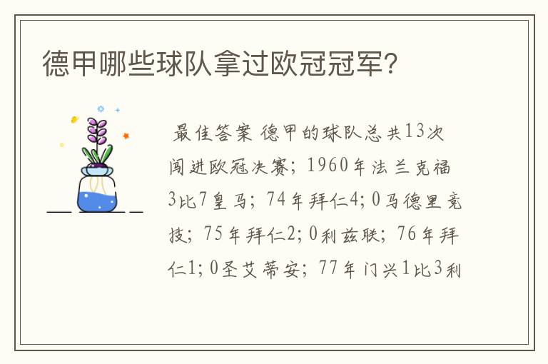 德甲哪些球队拿过欧冠冠军?