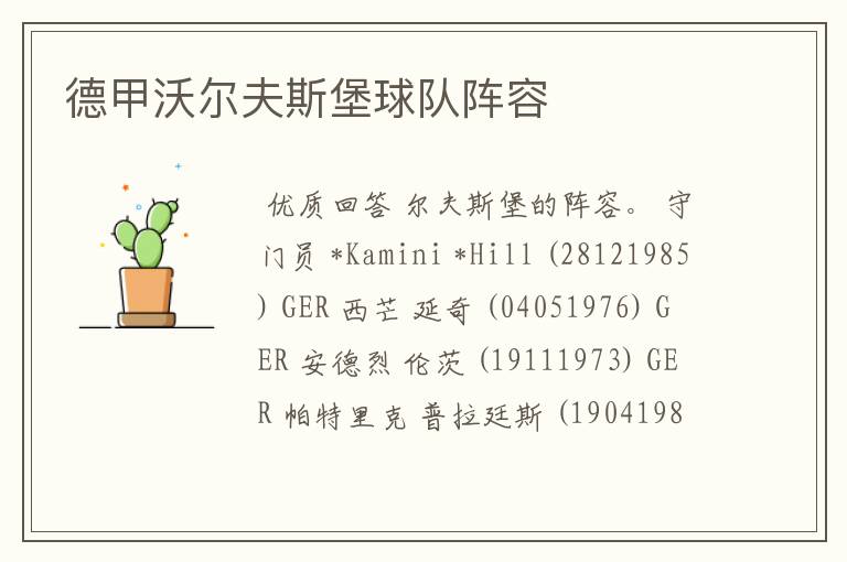 德甲沃尔夫斯堡球队阵容
