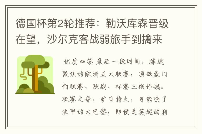 德国杯第2轮推荐:勒沃库森晋级在望,沙尔克客战弱旅手到擒来