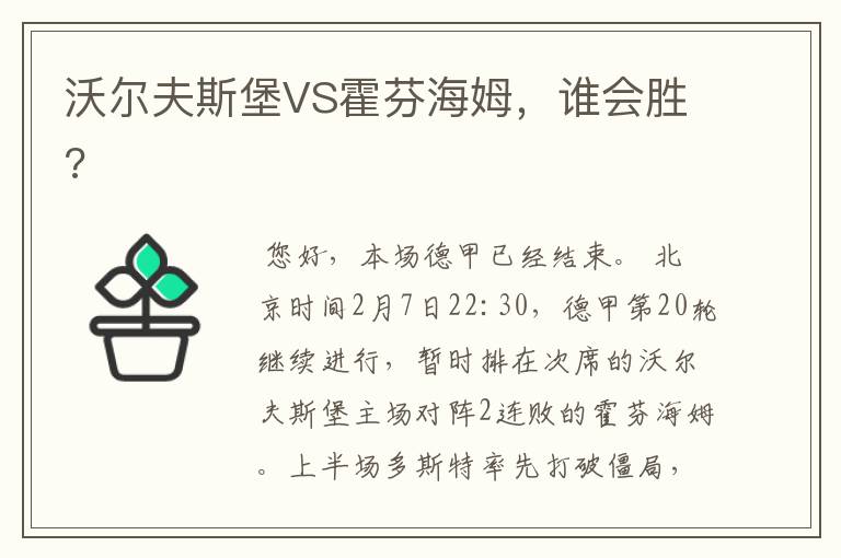 沃尔夫斯堡VS霍芬海姆,谁会胜?