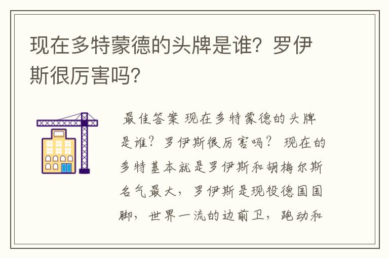 现在多特蒙德的头牌是谁?罗伊斯很厉害吗?