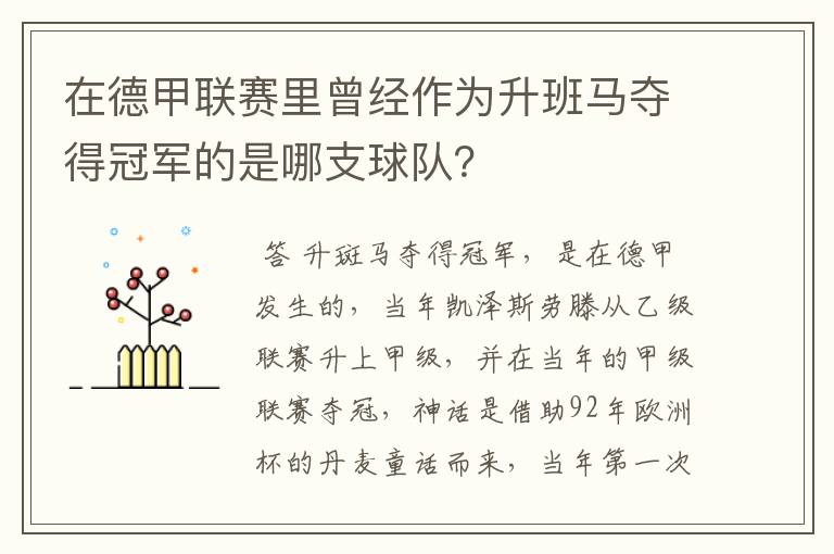 在德甲联赛里曾经作为升班马夺得冠军的是哪支球队?