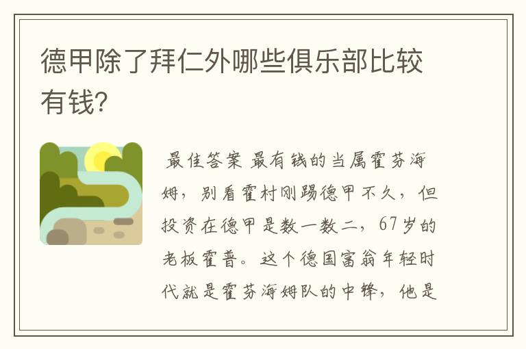 德甲除了拜仁外哪些俱乐部比较有钱?