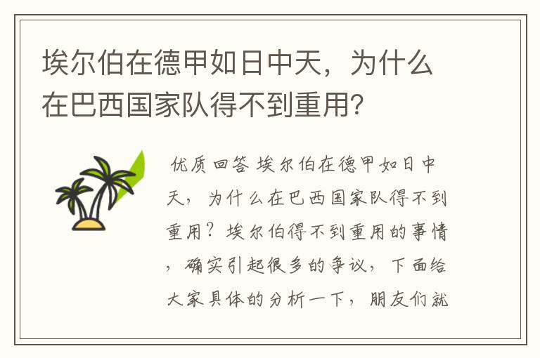 埃尔伯在德甲如日中天,为什么在巴西国家队得不到重用?