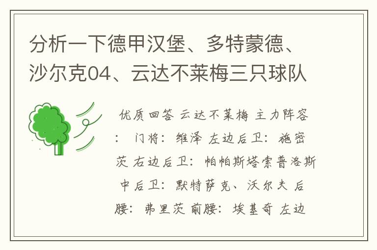 分析一下德甲汉堡、多特蒙德、沙尔克04、云达不莱梅三只球队的人员打法和阵型