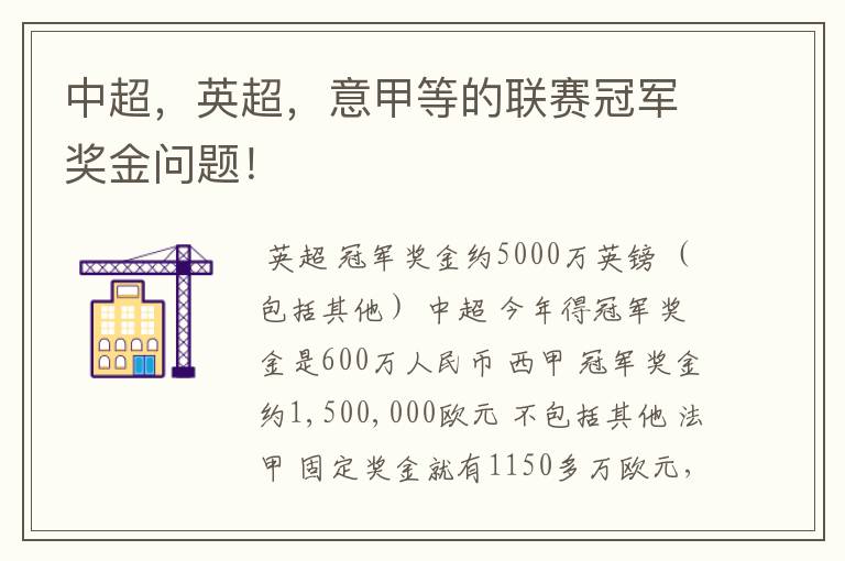 中超,英超,意甲等的联赛冠军奖金问题!