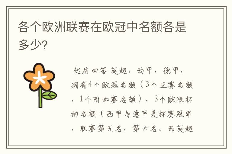 各个欧洲联赛在欧冠中名额各是多少?