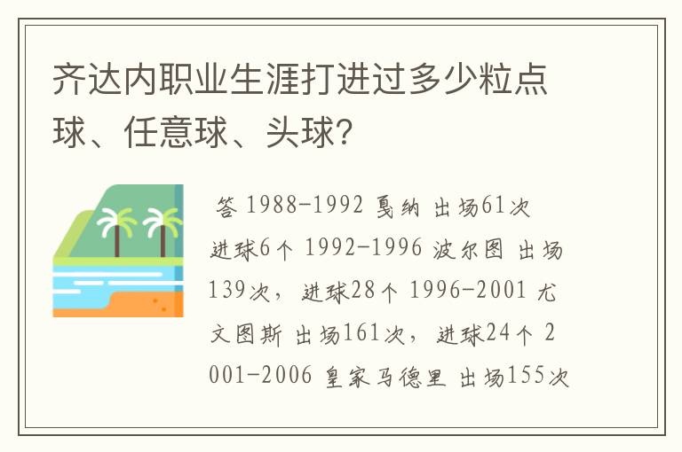 齐达内职业生涯打进过多少粒点球、任意球、头球?