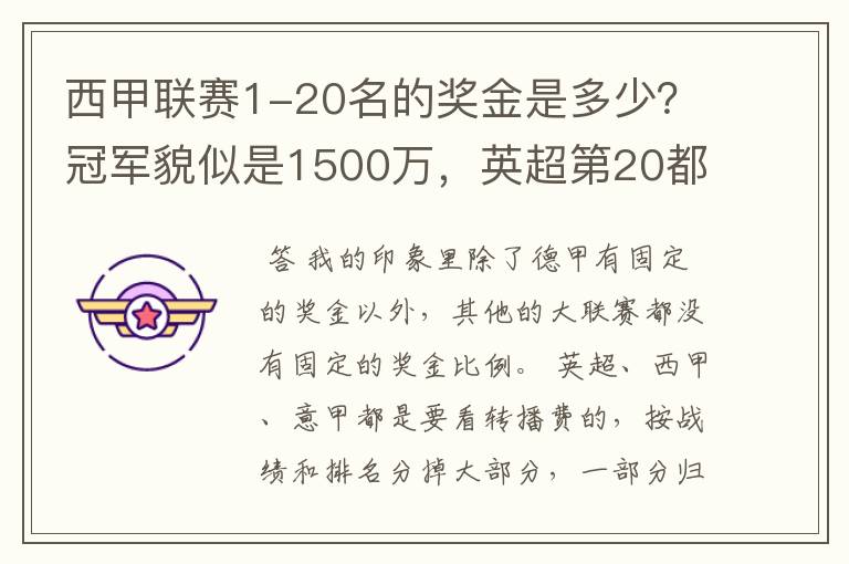 西甲联赛1-20名的奖金是多少?冠军貌似是1500万,英超第20都是4000万呀!