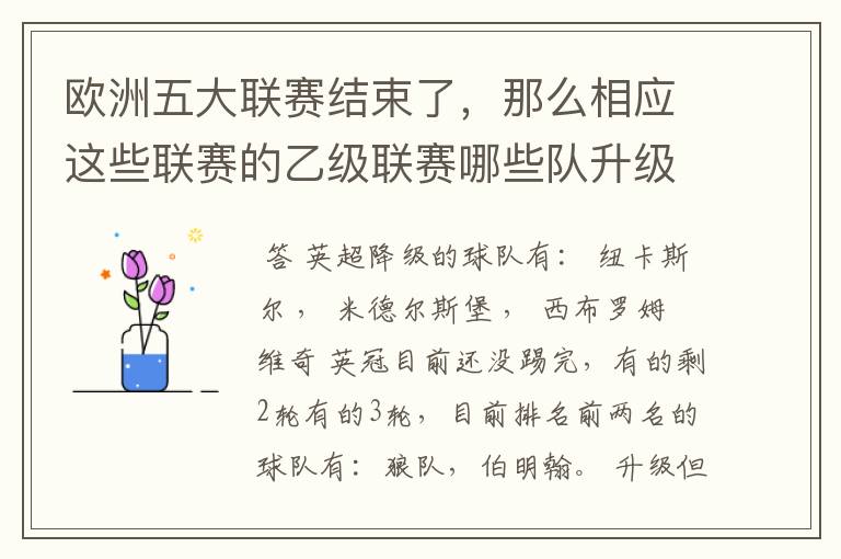 欧洲五大联赛结束了,那么相应这些联赛的乙级联赛哪些队升级了?