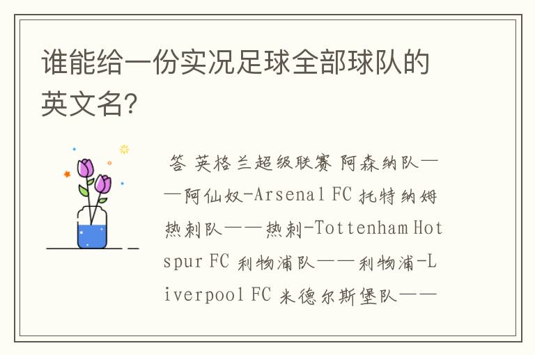 谁能给一份实况足球全部球队的英文名?