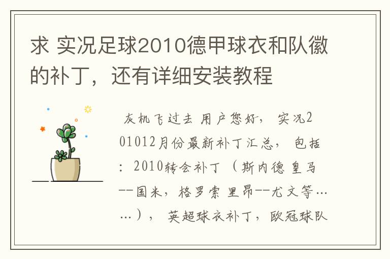 求 实况足球2010德甲球衣和队徽的补丁,还有详细安装教程
