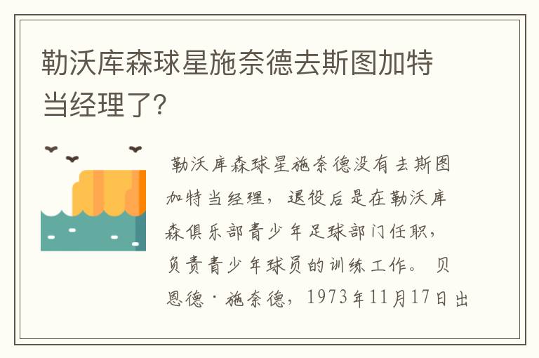 勒沃库森球星施奈德去斯图加特当经理了?