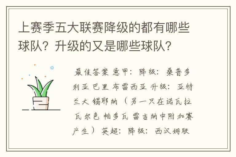 上赛季五大联赛降级的都有哪些球队?升级的又是哪些球队?