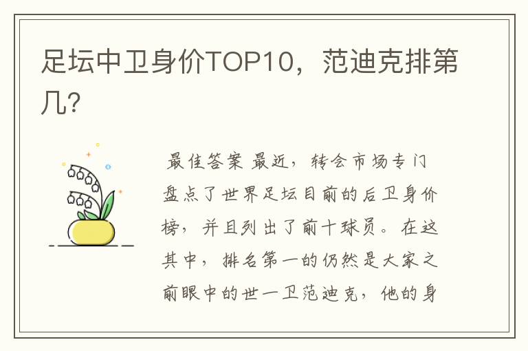 足坛中卫身价TOP10,范迪克排第几?