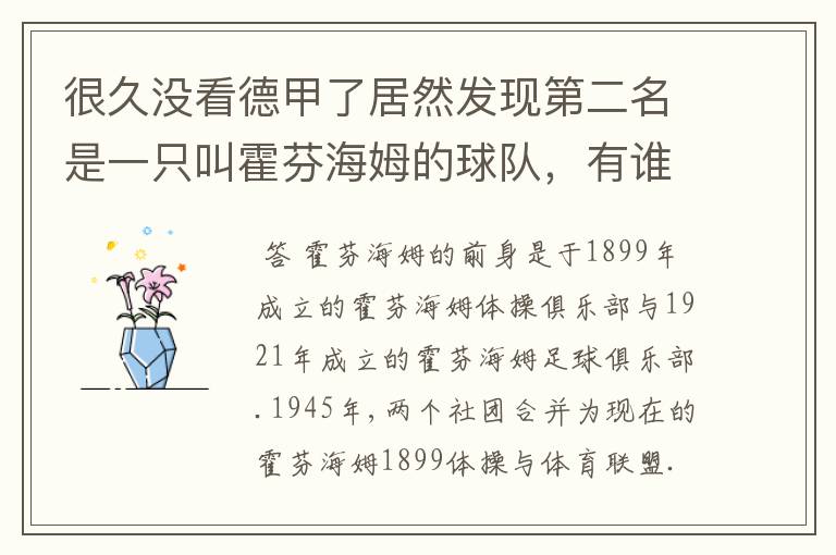 很久没看德甲了居然发现第二名是一只叫霍芬海姆的球队,有谁知道吗