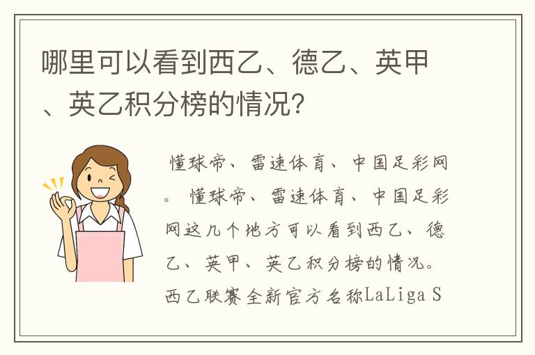 哪里可以看到西乙、德乙、英甲、英乙积分榜的情况?