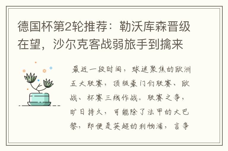 德国杯第2轮推荐:勒沃库森晋级在望,沙尔克客战弱旅手到擒来