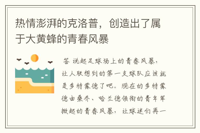 热情澎湃的克洛普,创造出了属于大黄蜂的青春风暴