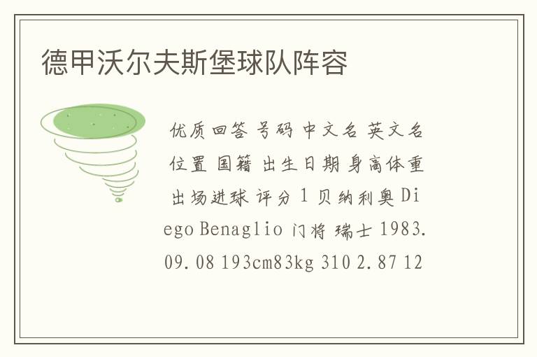 德甲沃尔夫斯堡球队阵容