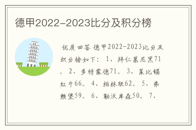 德甲2022-2023比分及积分榜