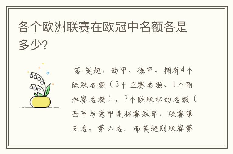 各个欧洲联赛在欧冠中名额各是多少?