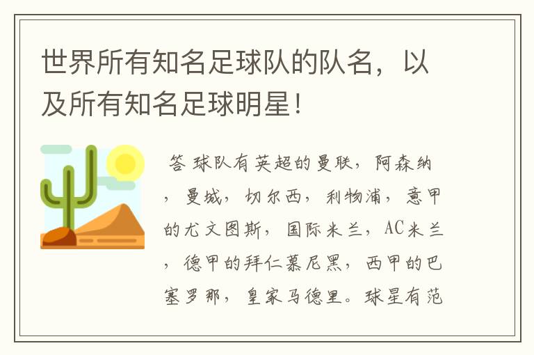 世界所有知名足球队的队名,以及所有知名足球明星!