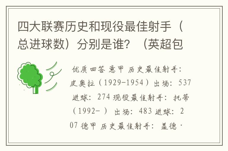 四大联赛历史和现役最佳射手(总进球数)分别是谁?(英超包括英甲)